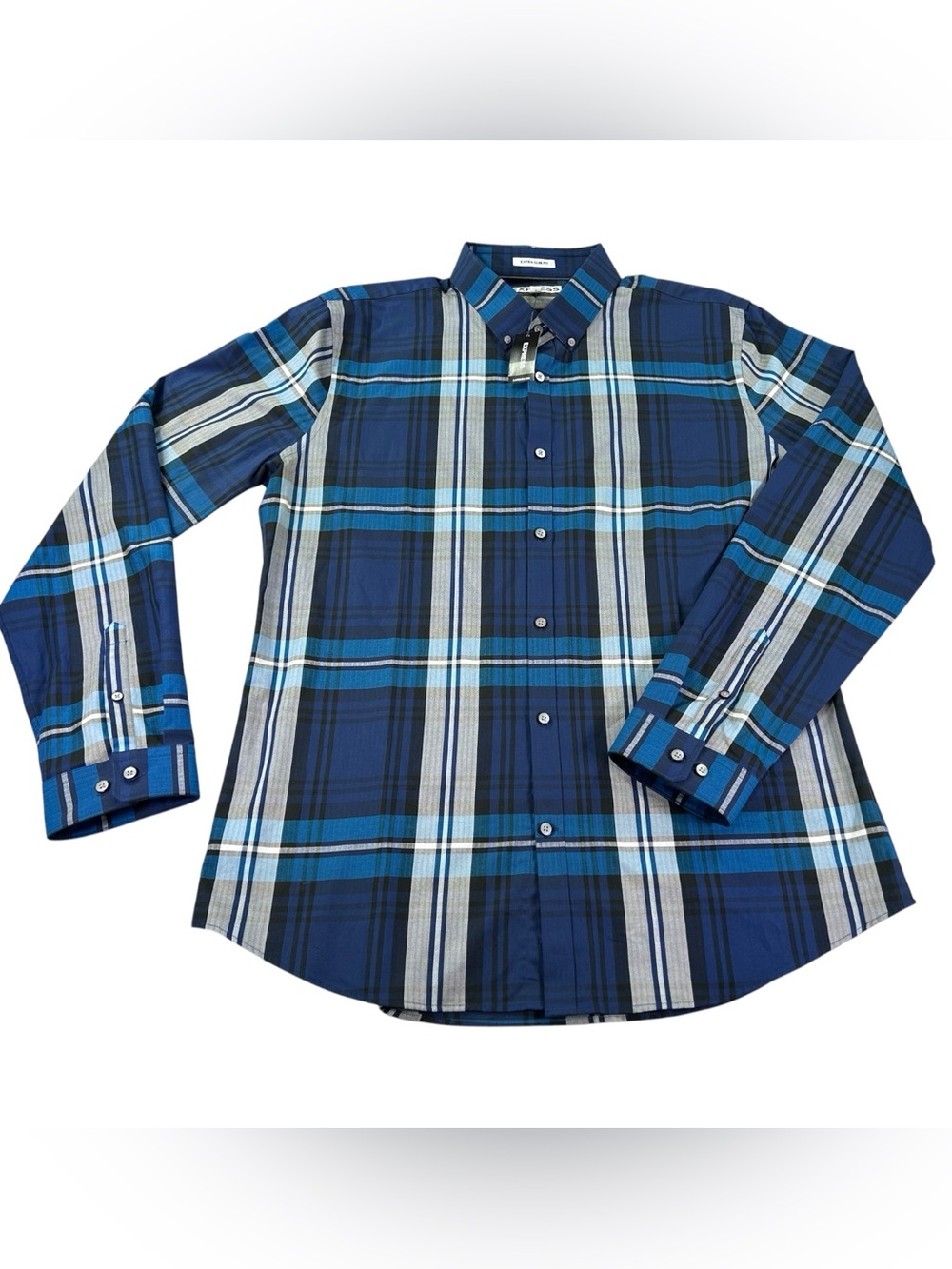 Express Men’s XL Extra Slim Fit Plaid Shirt Blue Teal Cotton Button Down NWT